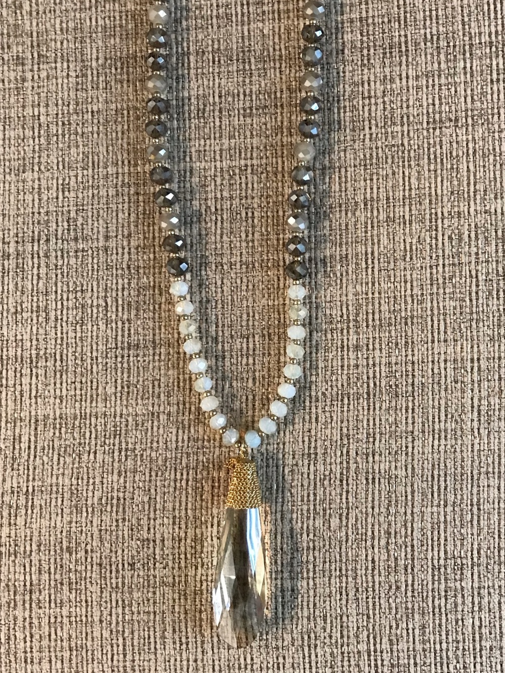 NWT-Beaded Crystal Pendant Necklace in Gray and White with Gold Accent
